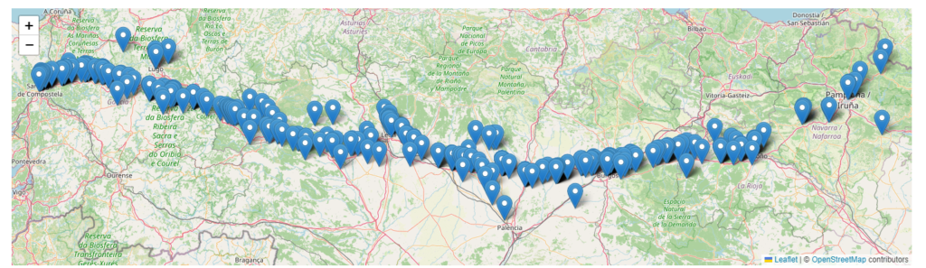Imagen con la geolocalización de albergues y puntos de interés que actualmente están volcados en la plataforma del proyecto.